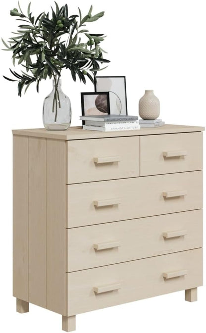 Honey Brown Solid Pine Wood Sideboard, 5-Drawer Buffet Cabinet, 31.1" Living Room Furniture, Stained Finish, Rectangular Storage Kitchen Furnitur