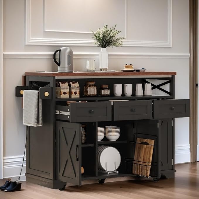 Bellemave 46.5" Farmhouse Kitchen Island cart with Charging Station and with Drape of Beads, Rolling Kitchen Island Table with Drop-Leaf, 3 Drawers, Black