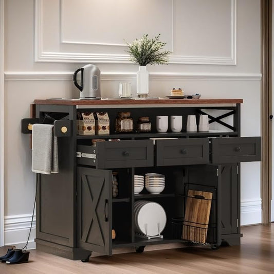 Bellemave 46.5" Farmhouse Kitchen Island cart with Charging Station and with Drape of Beads, Rolling Kitchen Island Table with Drop-Leaf, 3 Drawers, Black