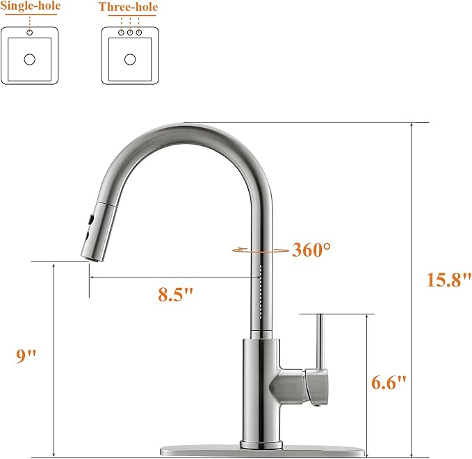 RULIA Kitchen Faucet, Kitchen Sink Faucet, Sink Faucet, Pull-Down Kitchen Faucets, Bar Kitchen Faucet, Brushed Nickel, Metal Spray Head, RB1018