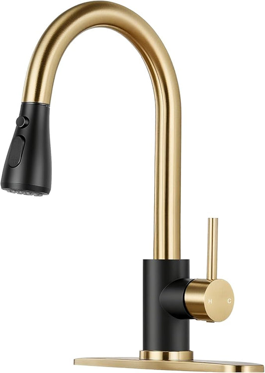 Kitchen Faucet with Pull Down Sprayer - Black & Gold Single Handle Kitchen Faucets, High Arc Stainless Steel Pull Out Kitchen Sink Faucet with Deck for RV Laundry Farmhouse Bar