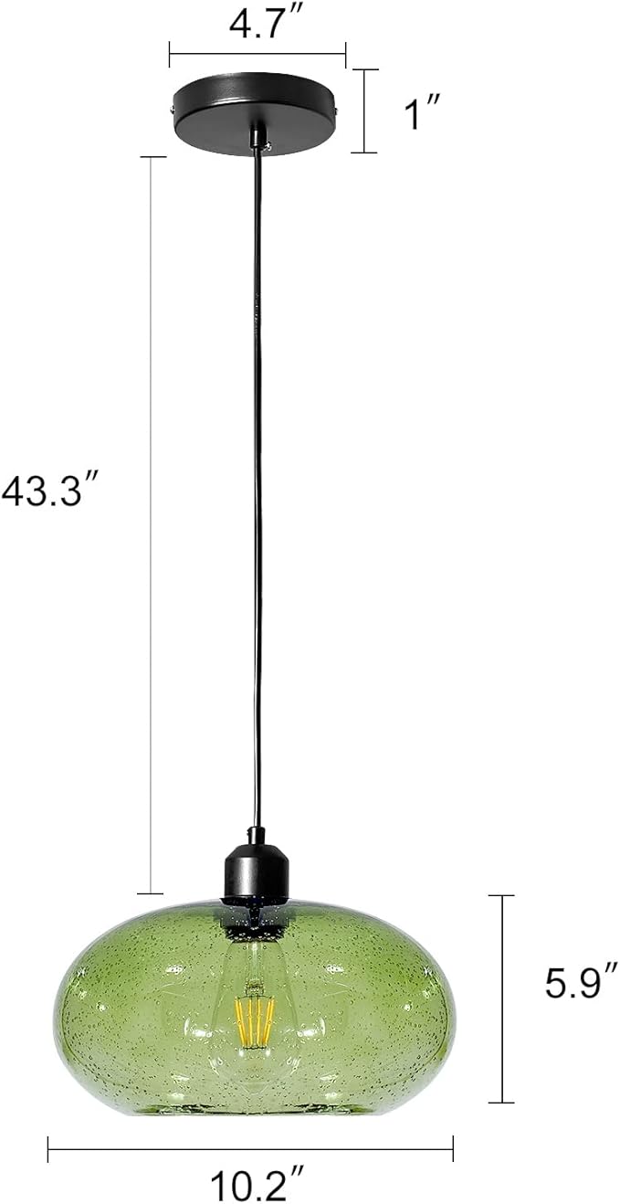 Modern Green Glass Pendant Light, 1-Light Glass Dome Shade Pendant Lighting Fixture for Kitchen Island, Sink, Counter, Bar,Nursery,Dining Room, Matte Black 10inch Diam