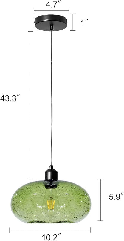 Modern Green Glass Pendant Light, 1-Light Glass Dome Shade Pendant Lighting Fixture for Kitchen Island, Sink, Counter, Bar,Nursery,Dining Room, Matte Black 10inch Diam