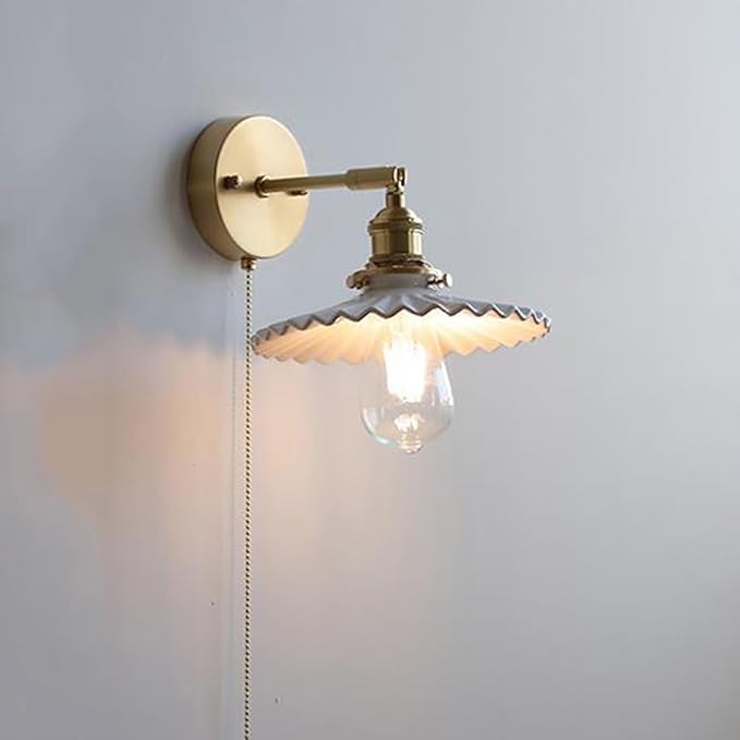 Ceramic Wall Lamp Vintage Wall Light Fixtures with Pull Chain Switch Gold Brass Sconces Wall Lighting White Small Wall Sconce Light for Bedroom Kitchen Study Aisle