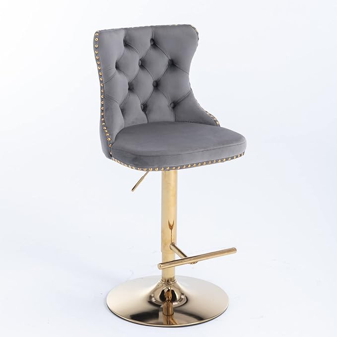 Golden Swivel Velvet Bar stools Adjusatble Seat Height from 25 33 Inch, Upholstered Bar Stools with Backs Comfortable Tufted for Home Pub and Kitchen Island（Gray,Set of 2）