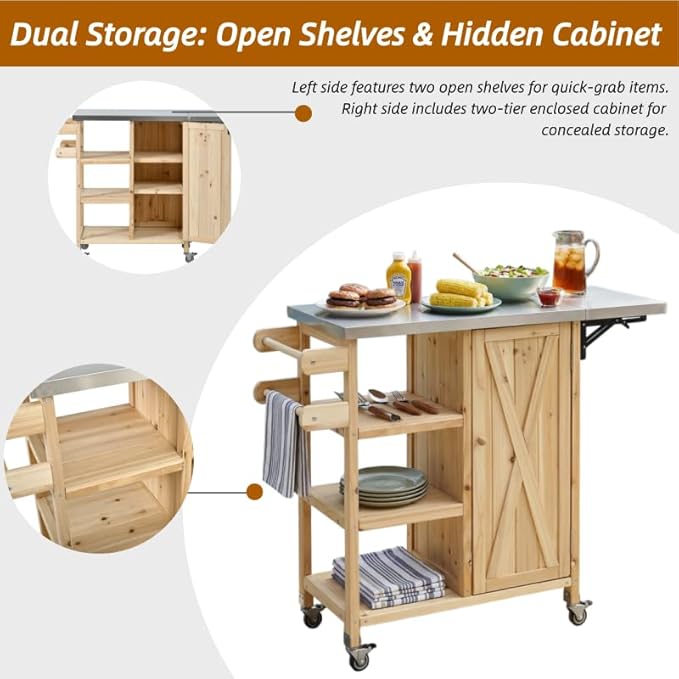 MERITLINE Foldable Outdoor Kitchen Island with Stainless Steel Top, Lockable Rolling Casters & Towel Rack, Mobile BBQ Prep Cart with Open Shelves and Hidden Cabinet for Patio, Balcony, Natural