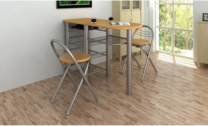 Small Kitchen Dining Table Set with 2 Chairs, Light Brown Wood Bistro Bar Table Set for Small Spaces, Indoor Breakfast Nook, Modern Living Room Furniture with Storage Shelves and Wine Holder