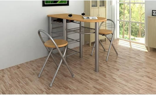 Small Kitchen Dining Table Set with 2 Chairs, Light Brown Wood Bistro Bar Table Set for Small Spaces, Indoor Breakfast Nook, Modern Living Room Furniture with Storage Shelves and Wine Holder