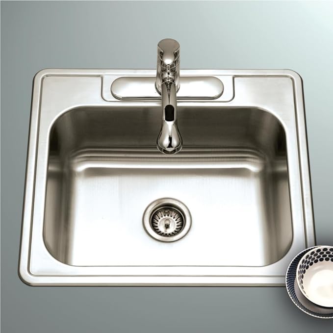 Houzer Glowtone Stainless Steel Kitchen Sink: 25 Inch Drop-in Topmount 3-Hole Single Bowl with Strainer, Durable & Versatile, Essential for Home & Apartment: 2522-9BS3-1