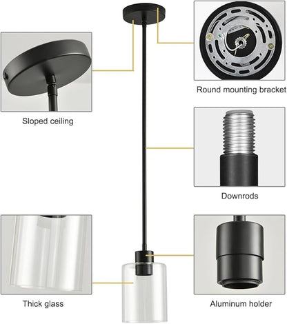 Black Pendant Lights Kitchen Island,Modern Farmhouse Glass Pendant Light,Light Fixture Kitchen Pendant Mini Hanging Light Fixture for Sink (1 Pack Black stem Rod)