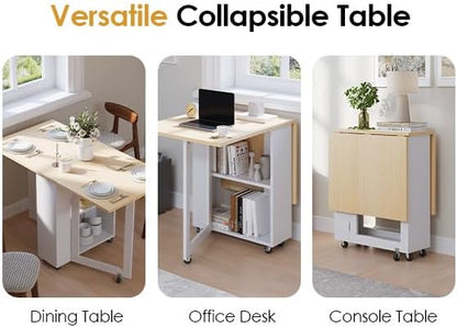 LotFun Folding Dining Table with 2-Tier Storage Racks, Movable Kitchen Dining Table with 6 Wheels, Space Saving Table for Small Spaces (2 Tier Storage Racks, White)