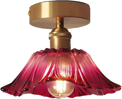 Glass Flower Ceiling Light Purple Red Hallway Light Fixtures Vintage Gold Floral Glass Semi Flush Mount Ceiling Light Farmhouse Close to Ceiling Light for Entryway Porch Bathroom Balcony