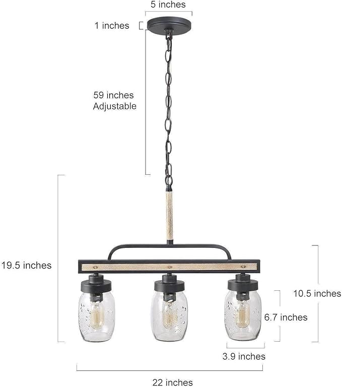 LOG BARN Farmhouse Chandeliers for Dining Room, 3-Light Rustic Mason Jar Chandelier Light Fixture, 22" L Faux Wood Kitchen Island Pendant Lighting
