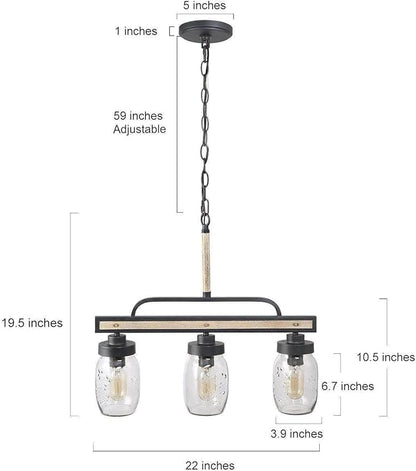 LOG BARN Farmhouse Chandeliers for Dining Room, 3-Light Rustic Mason Jar Chandelier Light Fixture, 22" L Faux Wood Kitchen Island Pendant Lighting