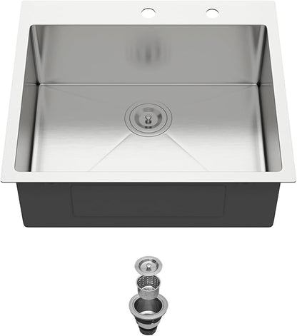 25 Inch Stainless Drop in Kitchen Sink - 25" x 22" Kitchen Sink Drop in Stainless Steel 16 Gauge 9" Deep Single Bowl Sink Basin RV Bar