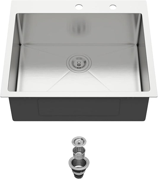 25 Inch Stainless Drop in Kitchen Sink - 25" x 22" Kitchen Sink Drop in Stainless Steel 16 Gauge 9" Deep Single Bowl Sink Basin RV Bar