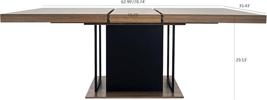 78.74" Wooden Extendable Dining Table for 8-10 People, Modern Farmhouse Expandable Kitchen Table with Black Pedestal Base, Long Large Rectangular Extendable Kitchen Dining Room Table, Brown