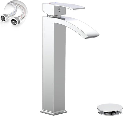 Chrome Vessel Sink Faucet, Greenspring Waterfall Bathroom Faucets, Tall Spout Single Handle Single Hole Bathroom Faucets with Pop Up Drain and Without Overflow Basin Faucet Supply Line