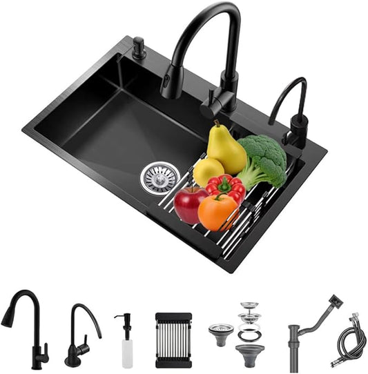 31.5 x 17.7 Inch Black Single Bowl Sink with faucet,Large Capacity Stainless Steel Drop In Kitchen Sink,Topmount Utility Workstation Sink With Multiple Accessories