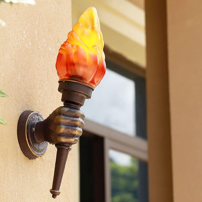 Retro Outdoor Waterproof Wall Lights Fixture Holding Torch Wall Lamp Left Torchbearer Hand Light Glass Lampshade E27 LED Bulb 7W Industrial Style,Bronze,3000K(1Pcs)