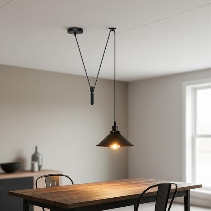 Black Cone Adjustable Pulley Pendant Light – Retro Industrial E26 Hanging Ceiling Lamp Fixture for Kitchen Island, Dining Room, Living Room, Bar & Café Décor (2M, Black)