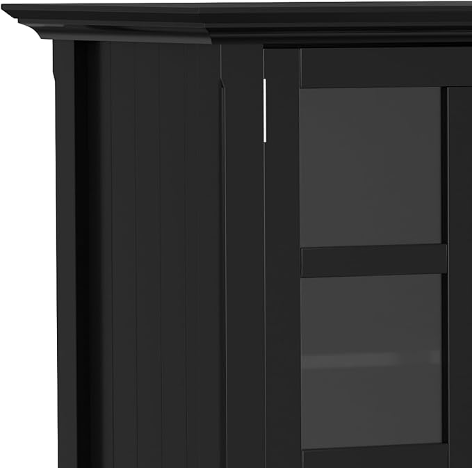 SIMPLIHOME Acadian Storage Cabinet - 62 inch Wide Solid Wood 3-Shelf Sideboard in Black, Transitional Buffet for Living Room, Entryway, or Dining Room with Adjustable Shelves and Glass Doors