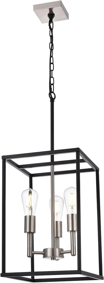 VINLUZ 3 Lights Lantern Kitchen Island Pendant Lighting in Black and Brushed Nickel Finish, Industrial Hanging Lantern Chandelier for Dining Room Living Room Adjustable Height