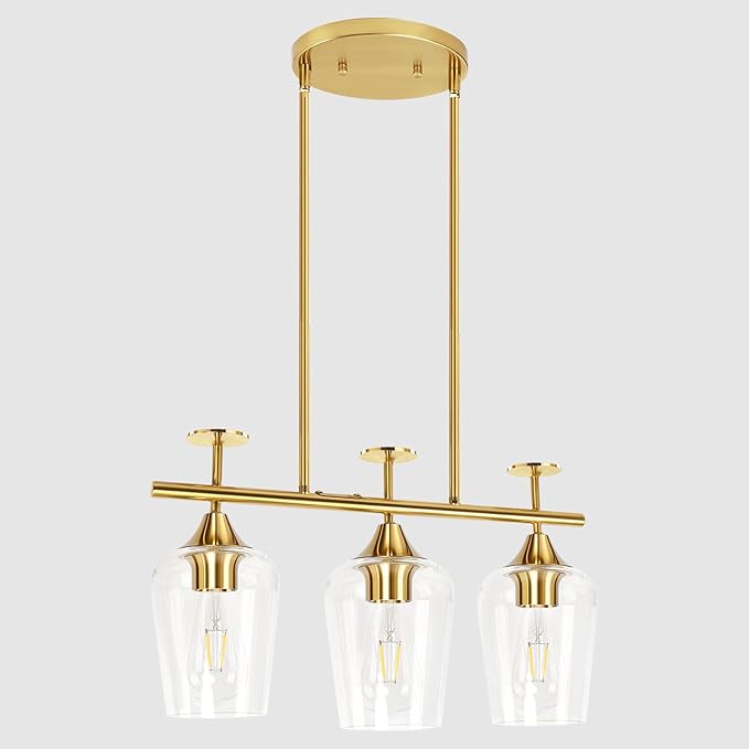3-Light Pendant Lights Kitchen Island Lighting Fixtures Gold Linear Chandelier Dining Room Light Fixture Ceiling Hanging Modern Kitchen Chandeliers Over Table with Clear Glass Shades