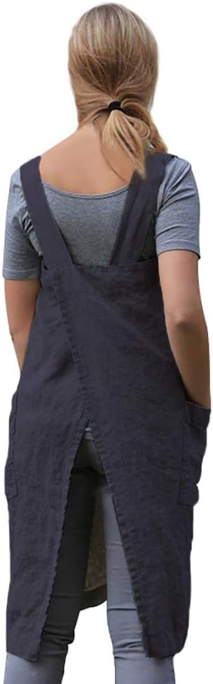 Larmliss Women's Pinafore Square Apron Baking Cooking Gardening Works Cross Back Cotton/Linen Blend Dress with 2 Pockets