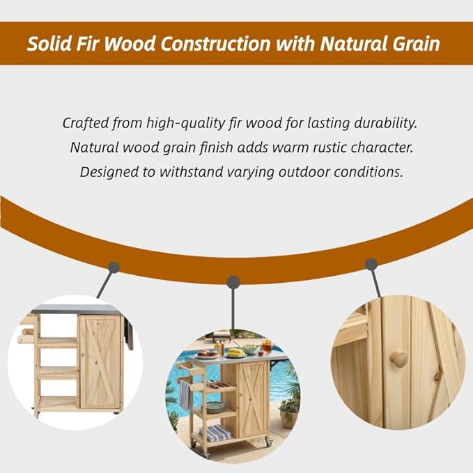MERITLINE Foldable Outdoor Kitchen Island with Stainless Steel Top, Lockable Rolling Casters & Towel Rack, Mobile BBQ Prep Cart with Open Shelves and Hidden Cabinet for Patio, Balcony, Natural