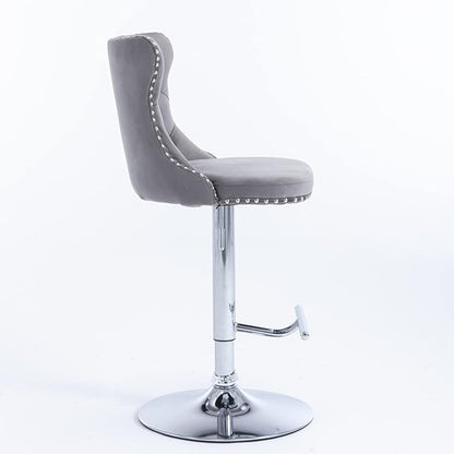 Rhomtree Velvet Swivel Bar Stools Upholstered Bar Stool with Button Tufted Back and Pull Ring Height Adjustable Barstools 25-33 Inch for Home Pub and Kitchen Island (Gray with Silver Base, Set of 6)