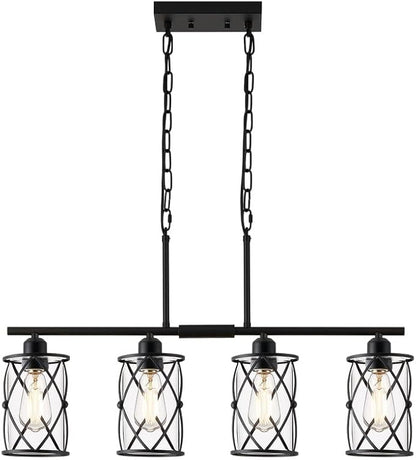 4-Light Kitchen Island Lighting, Modern Black Dining Room Light Fixtures with Clear Glass, Farmhouse Industrial Linear Chandelier Pendant Light with Adjustable Chain, CH9176BK-4IS