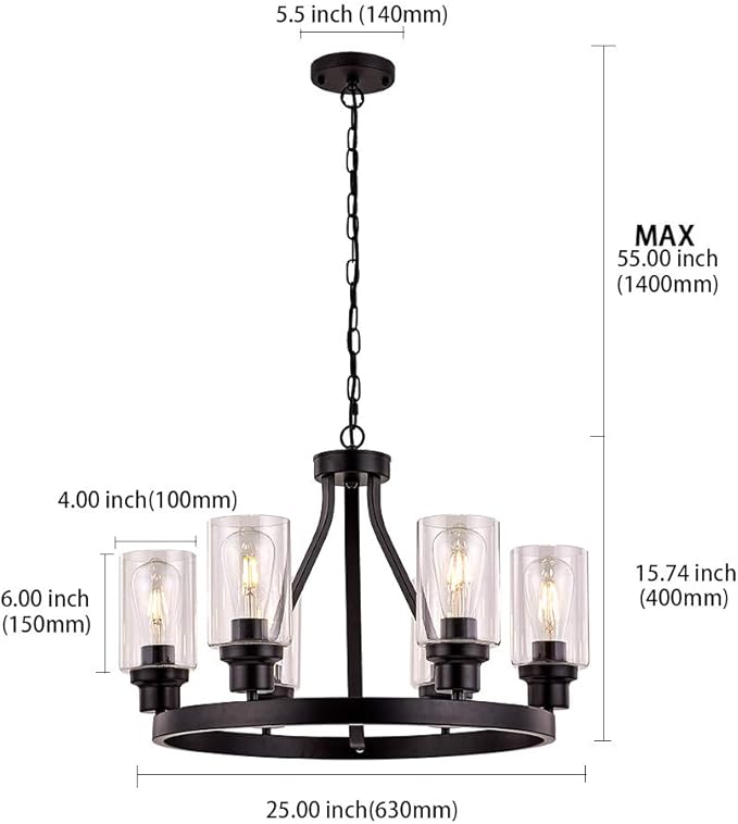 Wagon Wheel Chandelier Black Chandelier Lighting Round 6 Lights with Glass Shade Ceiling Hanging Vintage Rustic Light Fixture for Dining Room Living Room Foyer Porch Kitchen Island