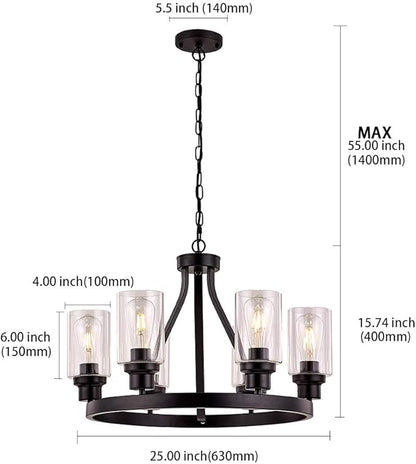 Wagon Wheel Chandelier Black Chandelier Lighting Round 6 Lights with Glass Shade Ceiling Hanging Vintage Rustic Light Fixture for Dining Room Living Room Foyer Porch Kitchen Island