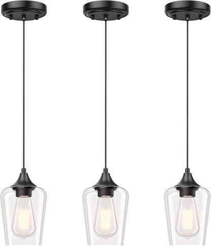 Ralbay Matte Black Industrial Pendant Light 3-Pack, Pendant Light Fixtures with Wine Clear Glass Shade, Adjustable Height for Kitchen Island, Farmhouse Dining Room Hanging Lighting Fixture