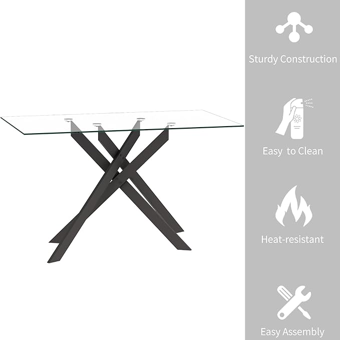 51.18" Rectangular Glass Dining Table, Tempered Glass Small Kitchen Table with Metal Tubular Legs, Stylish and Sturdy Clear Dinner Table for Home and Outdoor