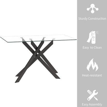 51.18" Rectangular Glass Dining Table, Tempered Glass Small Kitchen Table with Metal Tubular Legs, Stylish and Sturdy Clear Dinner Table for Home and Outdoor