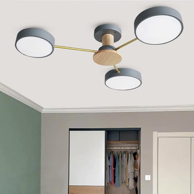 LED Ceiling Light Fixture,26 Inch 3-Lights Modern Ceiling Lights Flush Mount Wooden 24W Dimmable Chandelier for Living Room Bedroom Kitchen,3000K/4000K/6000K Temperatures Selectable Grey