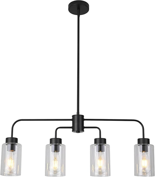 Black Pendant Light Fixtures with Clear Glass Shades, 4-Lights Linar Kitchen Island Light for Farmhouse Dining Room Kitchen Pool Table