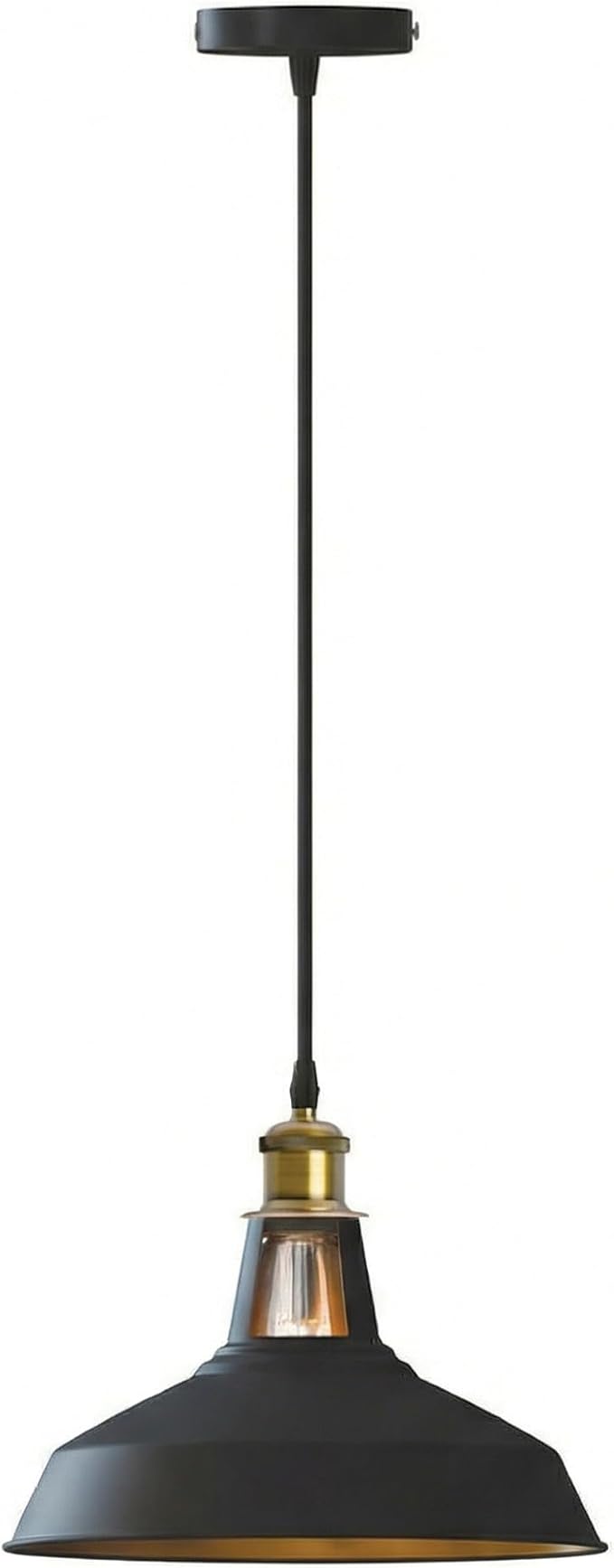 Black Gold Interior Industrial Farmhouse Pendant Light 1m Adjustable Cord, Vintage Barn Metal Hanging Lamp Fixture, Rustic Retro Ceiling Lighting for Kitchen Island Dining E26 (Black Inner Gold)