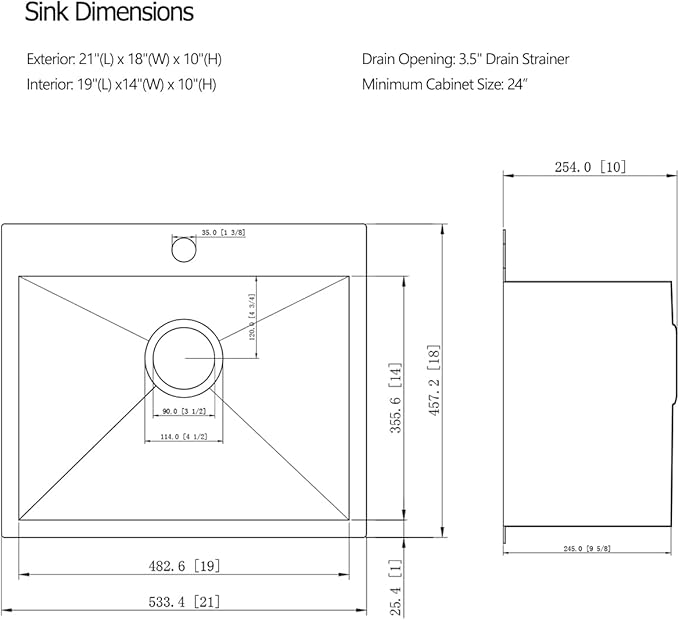 21 Stainless Steel Drop In Kitchen Bar Sink, Luckyhorse 21” x 18” x 10” 18 Gauge Stainless Steel Small Kitchen Outdoor Sink LH021L