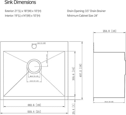 21 Stainless Steel Drop In Kitchen Bar Sink, Luckyhorse 21” x 18” x 10” 18 Gauge Stainless Steel Small Kitchen Outdoor Sink LH021L