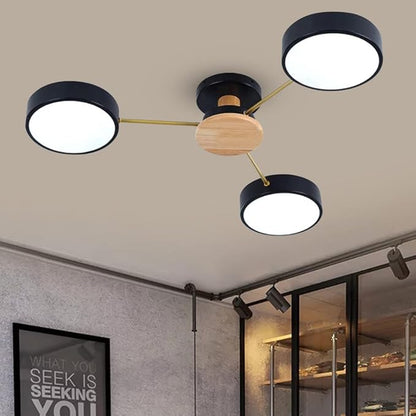 LED Ceiling Light Fixture,26 Inch 3-Lights Modern Ceiling Lights Flush Mount Wooden 24W Dimmable Chandelier for Living Room Bedroom Kitchen,3000K/4000K/6000K Temperatures Selectable Black