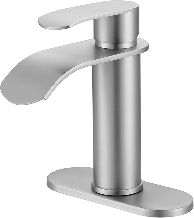 WOWOW Brushed Nickel Bathroom Faucet:Single Hole Waterfall Bathroom Faucets Sink with cUPC Supply Lines and Pop Up Drain,Modern Single Handle Bathroom Faucet 1 Hole for Countertop,Bathroom Sink Faucet