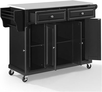 Crosley Furniture Full Size Stone Top Rolling Kitchen Island Storage Cart, Microwave Stand, Spice Rack, Black