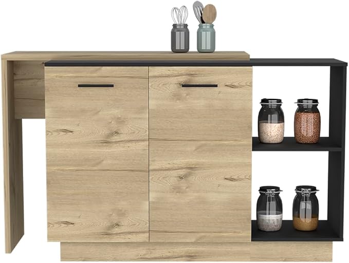 GOWE Kitchen Island, Double Door Cabinets, Two External Shelves, Three Shelves, Black/Light Oak
