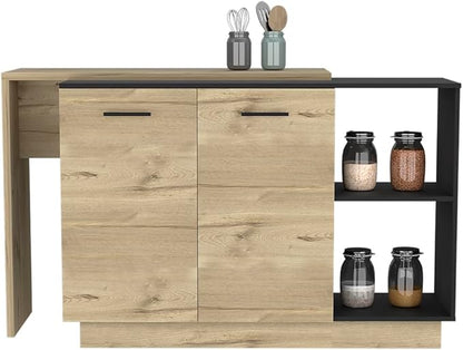 GOWE Kitchen Island, Double Door Cabinets, Two External Shelves, Three Shelves, Black/Light Oak