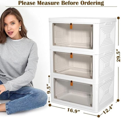 YFXCVSL 3 Tier Plastic Storage Bins with Lids 35QT, Stackable Storage Containers with Wheels, Folding Storage Boxes, Extra Large Collapsible Storage Bins, White