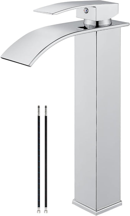 Airuida Tall Bathroom Vessel Faucet Chrome Polish Waterfall Bathroom Single Handle Single Hole Deck Mount Bowl Mixer Tap with Large Waterfall Spout Bar Sink Faucet Lavatory Vanity