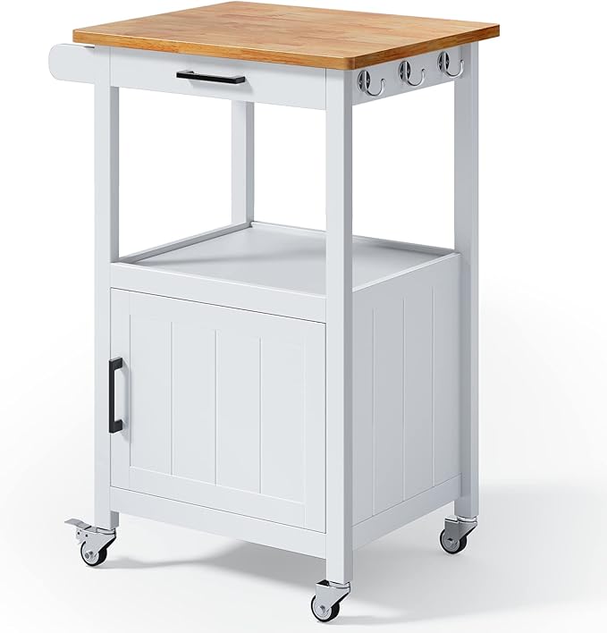 Qsun Kitchen Cart with Drawer, Small Kitchen Island on Wheels, Microwave Cart, Small Home Coffee Bar, Microwave Stand, Rolling Kitchen Island Cart with Side Hook, White
